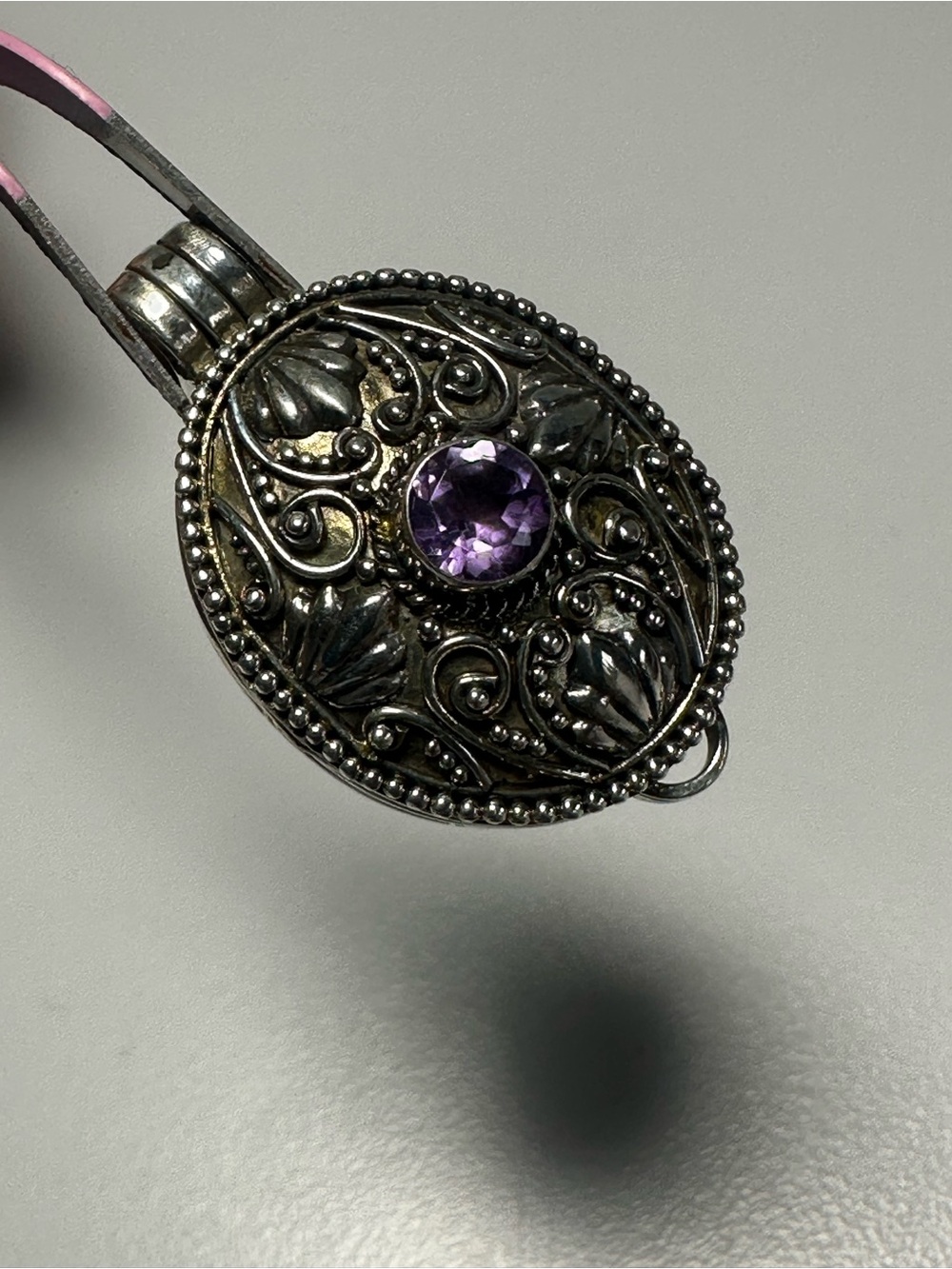 Vintage Sterling Silver 925 Pendant  Locket Filigree Necklace Amethyst Center